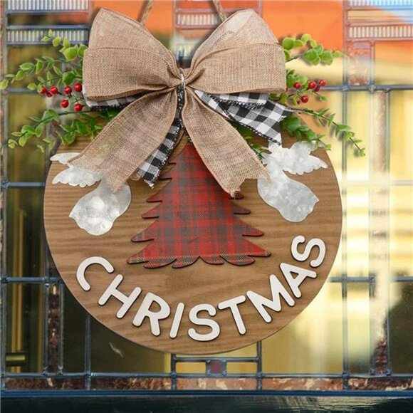 Christmas Decoration Wreaths Rustic Christmas Hanging Door Sign with Plaid Bow - Picture 3 of 7